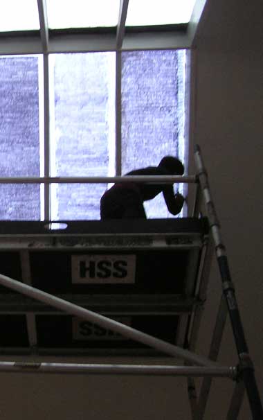 Fiona Larkin: installing  The lengths some people go to , 2006, site-specific drawing, Old Museum Arts Centre, Belfast; courtesy the artist